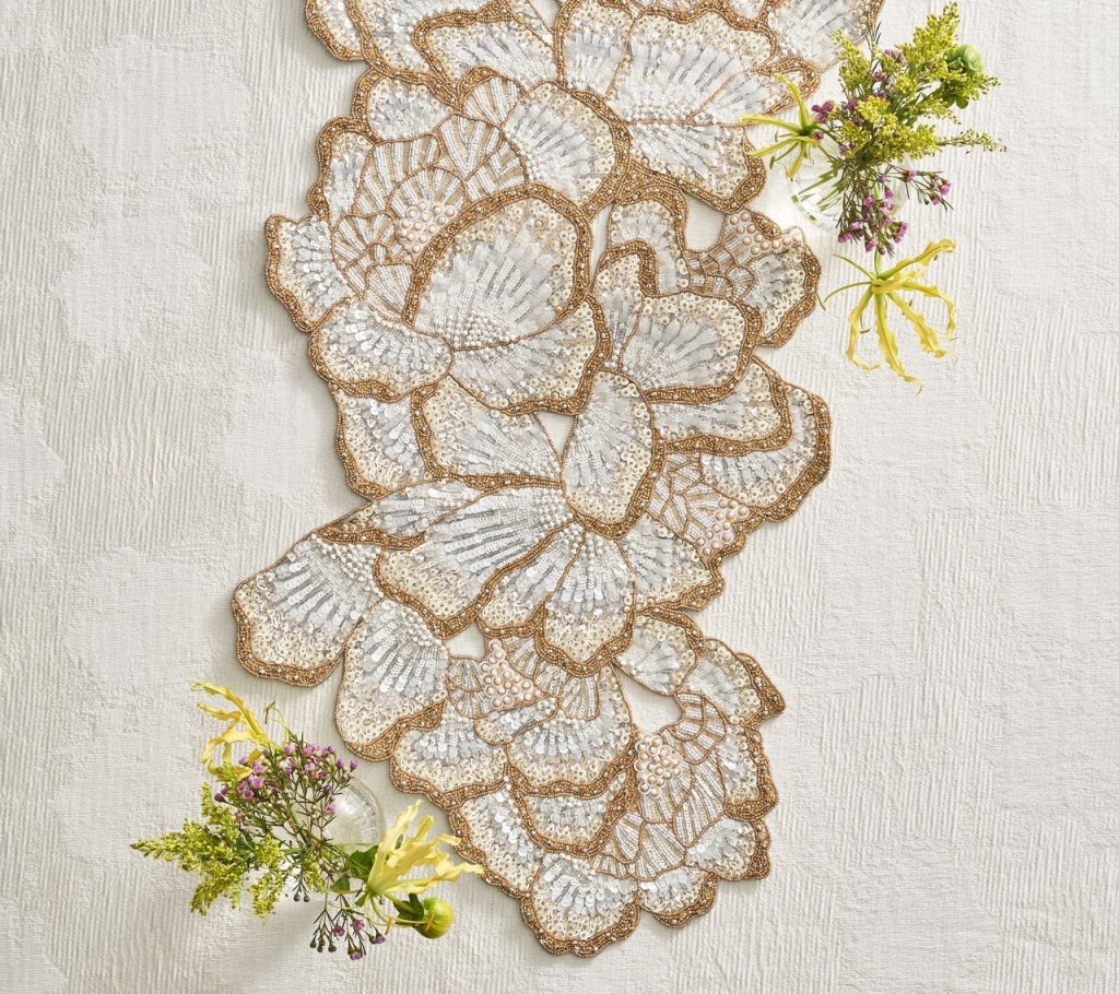 Botanica Table Runner in White, Gold, & Silver | Kim Seybert