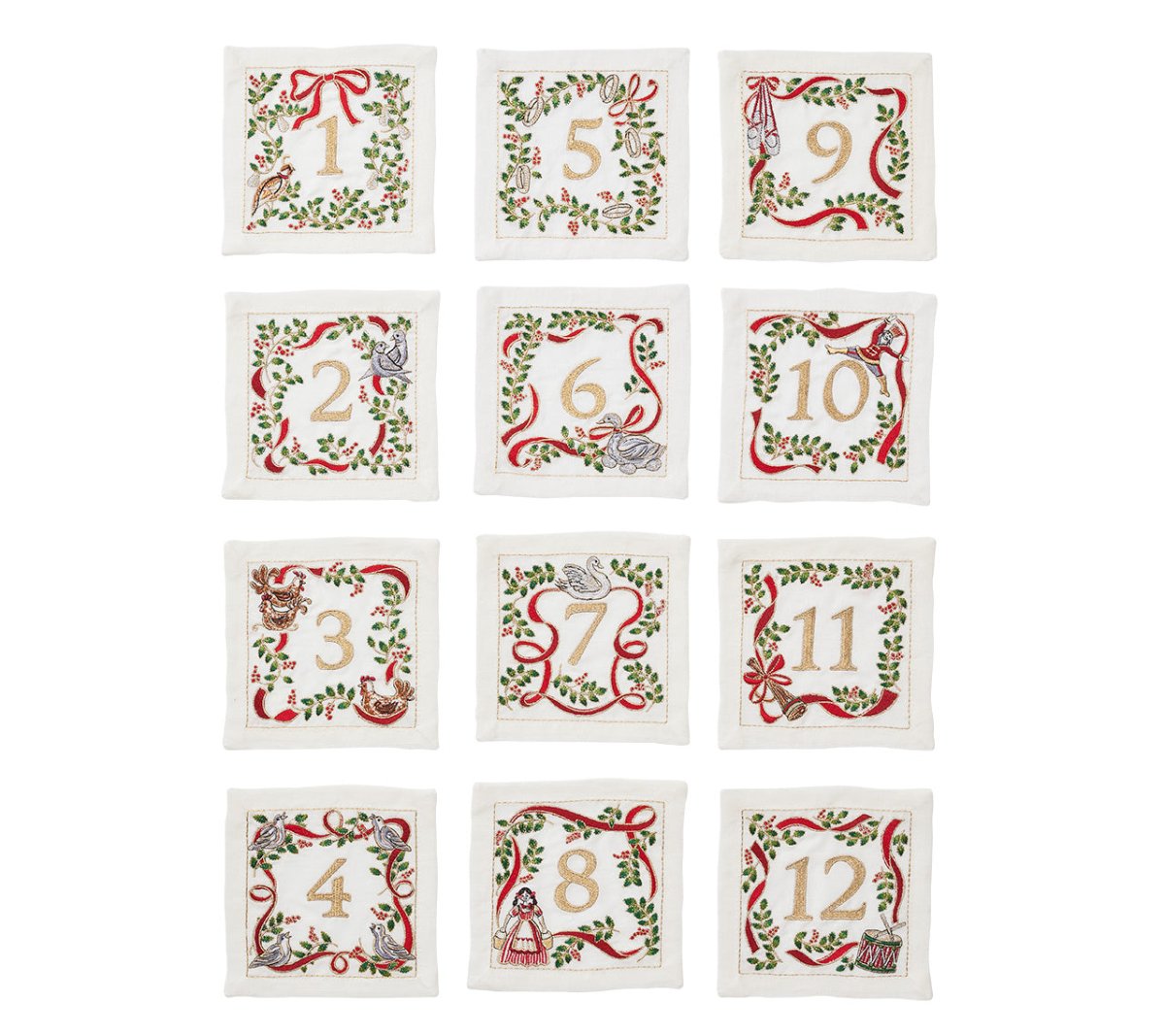 Kim Seybert, Inc.Xmas Carol Cocktail Napkin in White, Red & Green, Set of 12 in a Gift BoxCocktail Napkins