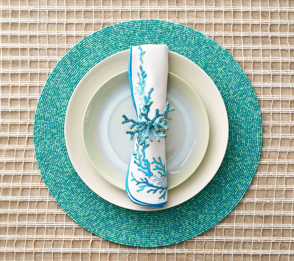 Kim Seybert Luxury Reef Napkin in White, Turquoise & Gold