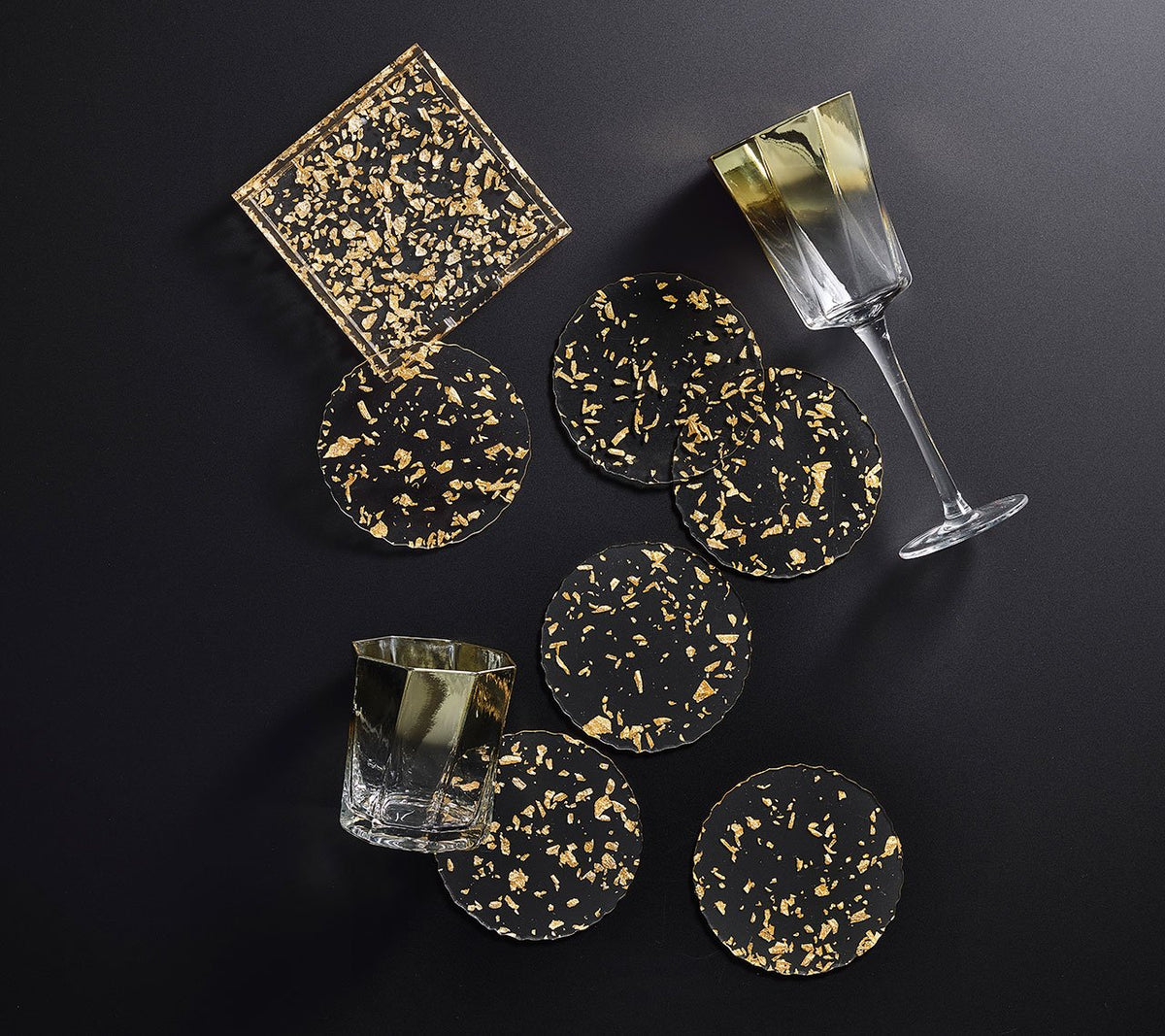 Kim Seybert Luxury Stardust Drink Coasters in Clear & Gold, Set of 6 in a Caddy