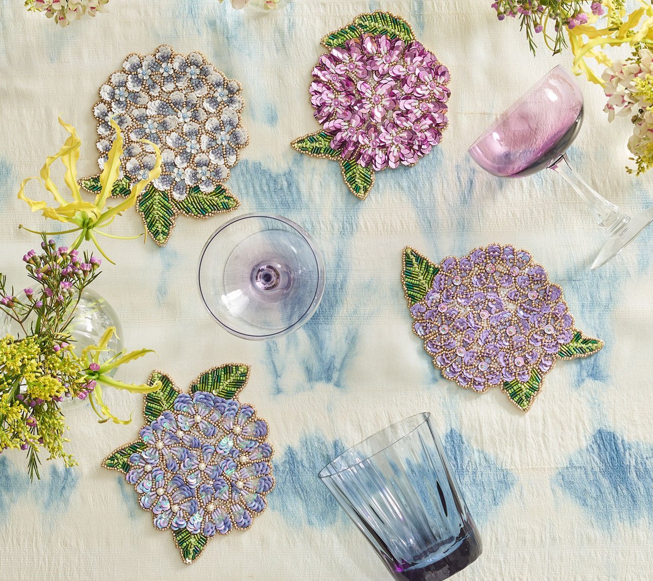 Kim Seybert Luxury Hydrangea Drink Coasters in Multi in a Gift Bag