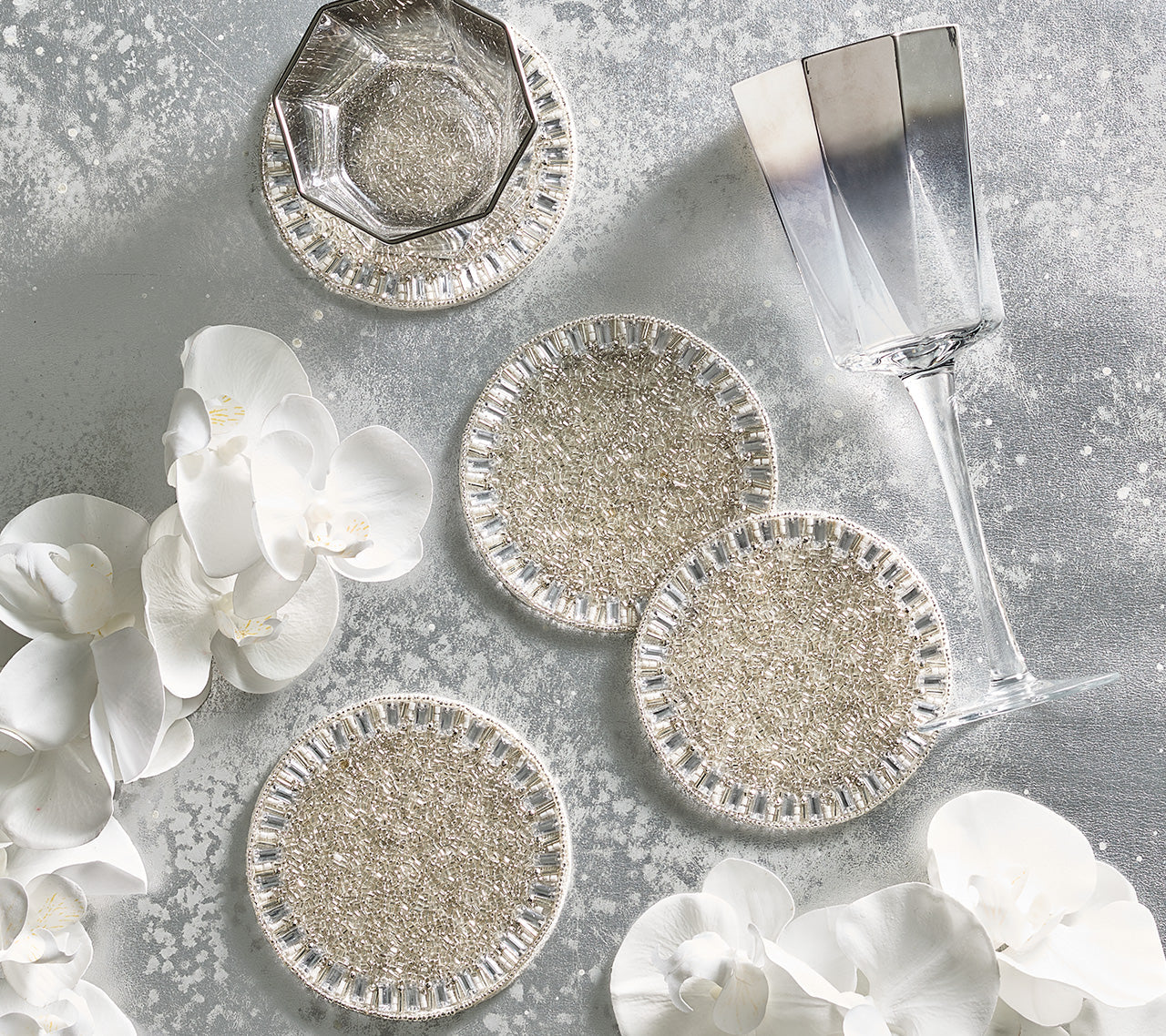 Kim Seybert Luxury Bevel Coasters in Silver & Crystal in a Gift Bag