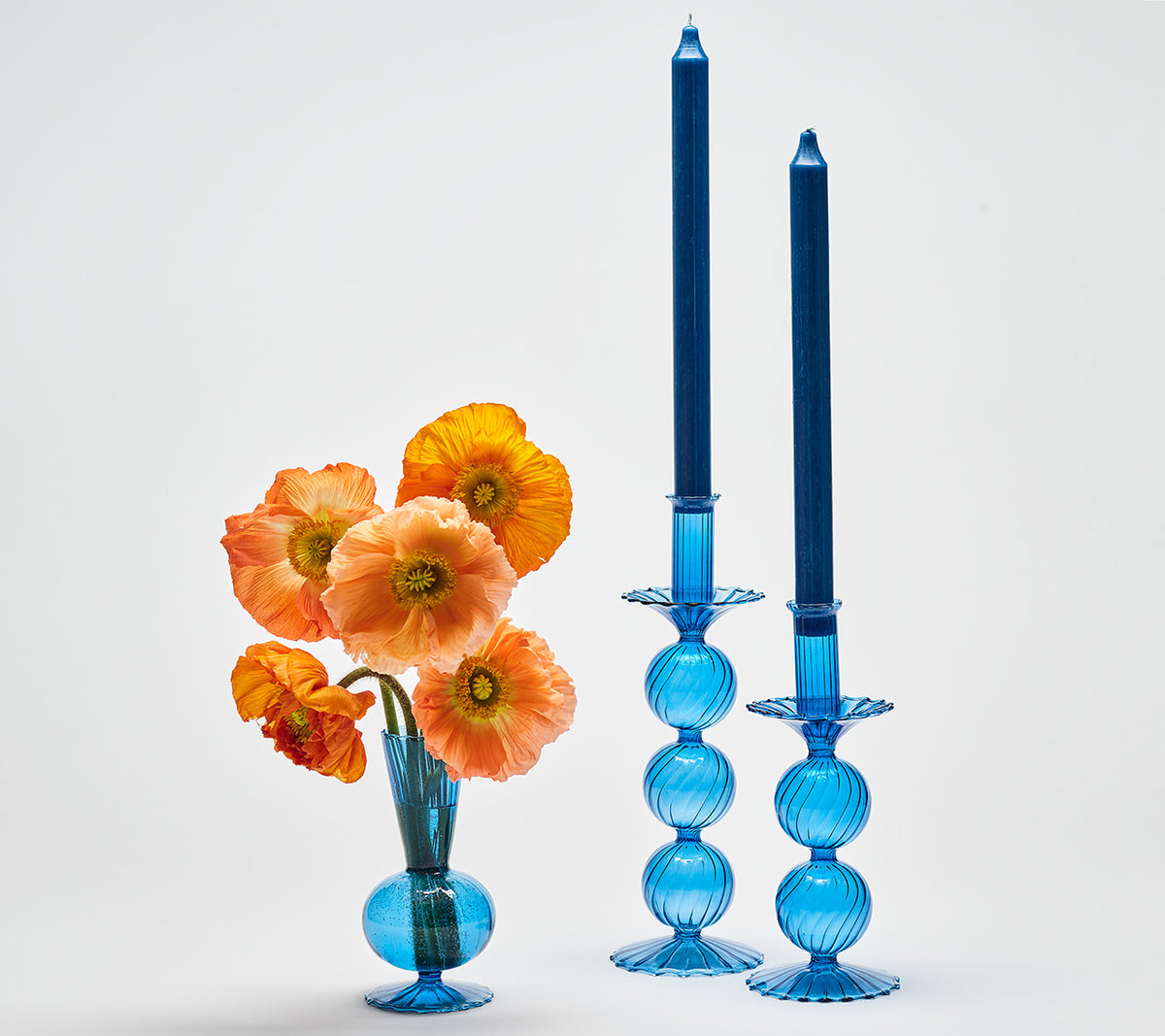 Kim Seybert Luxury Iris Tall Candle Holder in Blue in a Box