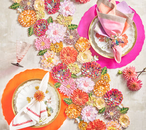 Table setting featuring the Dahlia Runner tones of vibrant pink, orange and amethyst along with placemats and napkins of similar colors