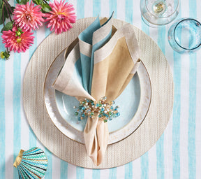 Place setting with a tan placemat, iridescent plate, and a blue & brown napkin held by a  Spritz Napkin Ring in natural & seafoam