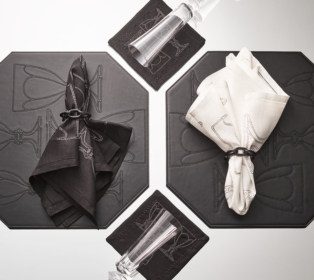Harcourt Cocktail Napkin in Black & Gunmetal, Set of 6 in a Gift Box
