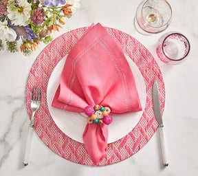 Kim Seybert Luxury Classic Napkin in Pink with Pink herringbone placemat and java multi colored napkin ring