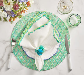 Kim Seybert Luxury Knotted Edge Napkin in White, Marine & Lime with Basketweave Placemat in Marine and Lime with Seastone napkin ring