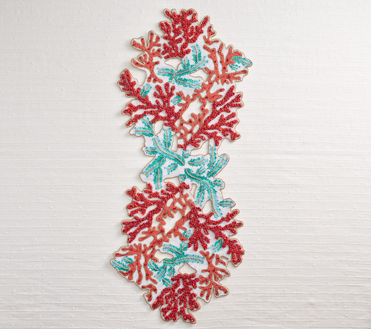 Red and turquoise Coral Spray Table Runner with glass, plastic and chip beads embellishments 