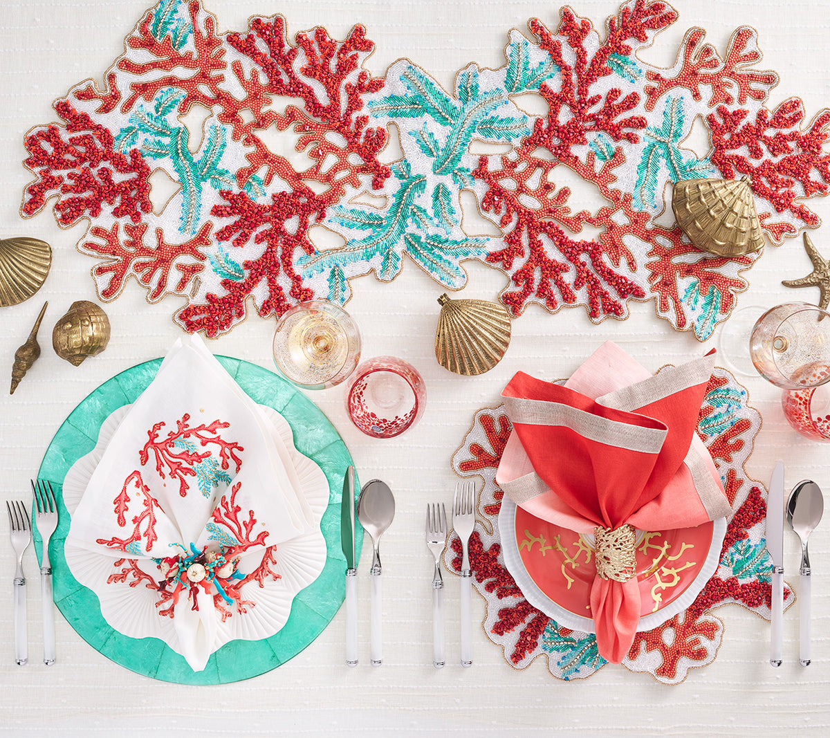 Red and turquoise Coral Spray Table Runner with glass, plastic and chip beads embellishments 