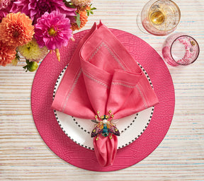 Kim Seybert Luxury Classic Napkin in Pink with Pink Croco Placemat and bejeweled napkin ring
