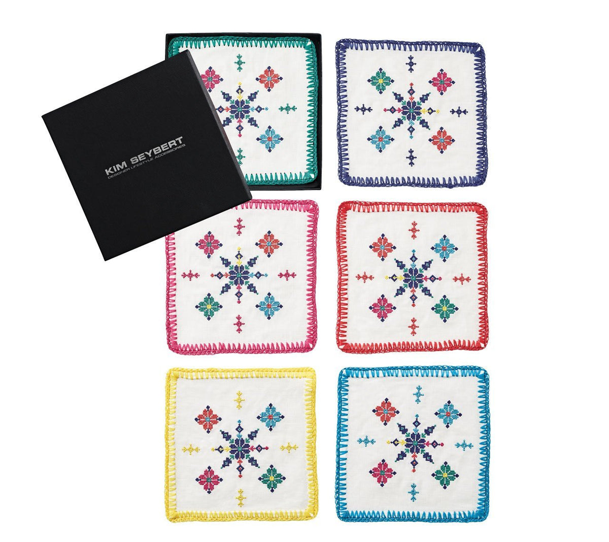 Kim Seybert Luxury Fez Cocktail Napkins, multi-color, set of 6 with a gift box