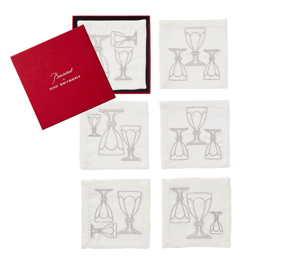 Harcourt Cocktail Napkin in White & Silver, Set of 6 in a Gift Box