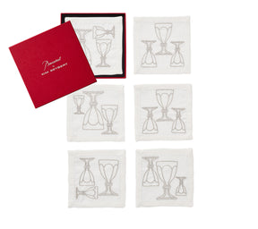 Harcourt Cocktail Napkin in White & Silver, Set of 6 in a Gift Box