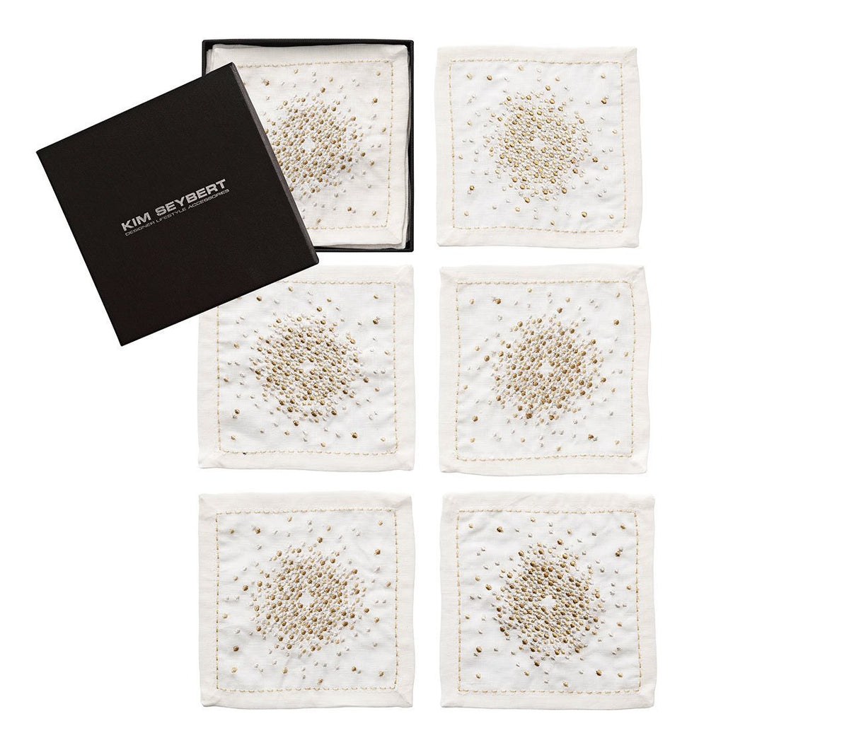 Kim Seybert Luxury Starburst Cocktail Napkins in White, Gold & Silver, Set of 6 in a Gift Box