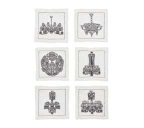 Kim Seybert Luxury Chandelier Cocktail Napkins in White & Gunmetal, Set of 6 in a Box