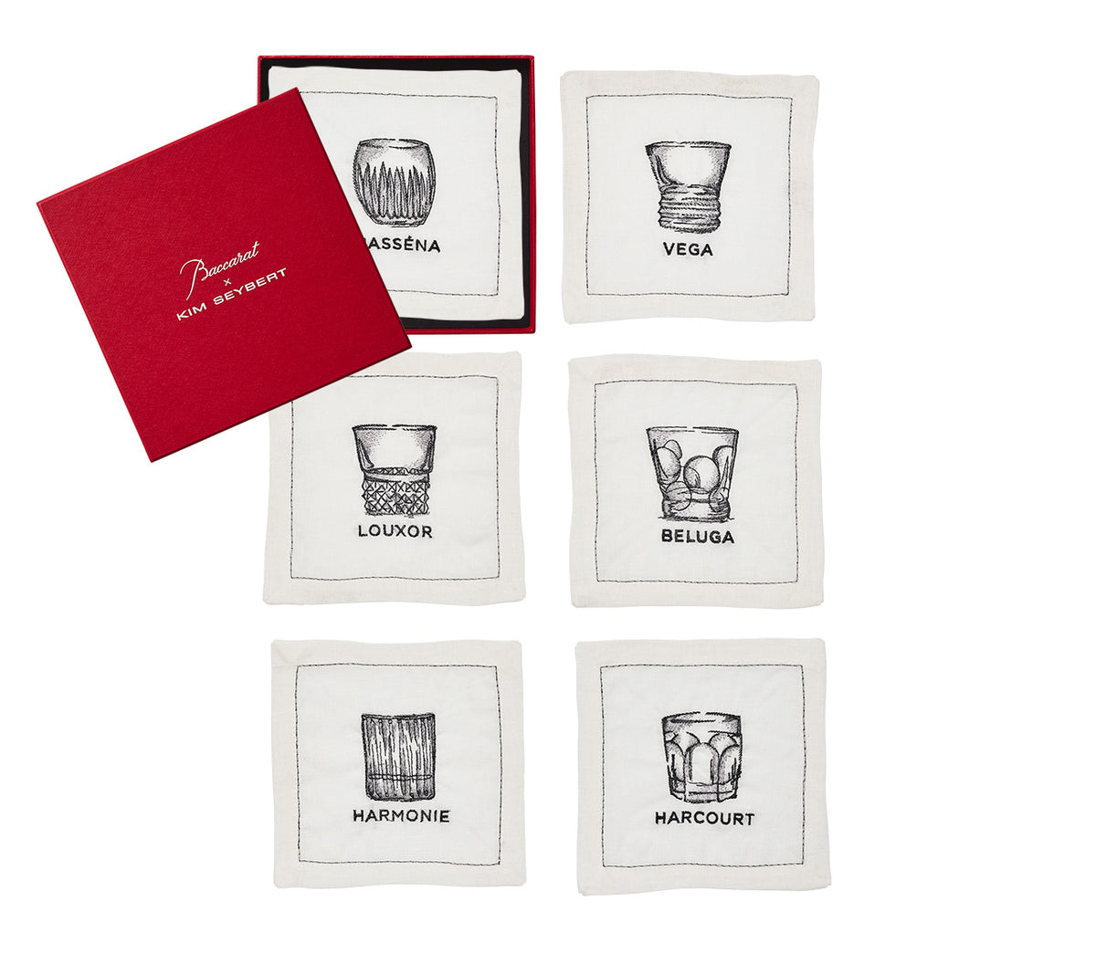 Kim Seybert Luxury Cocktail Cocktail Napkins in White & Gunmetal, Set of 6 in a Box