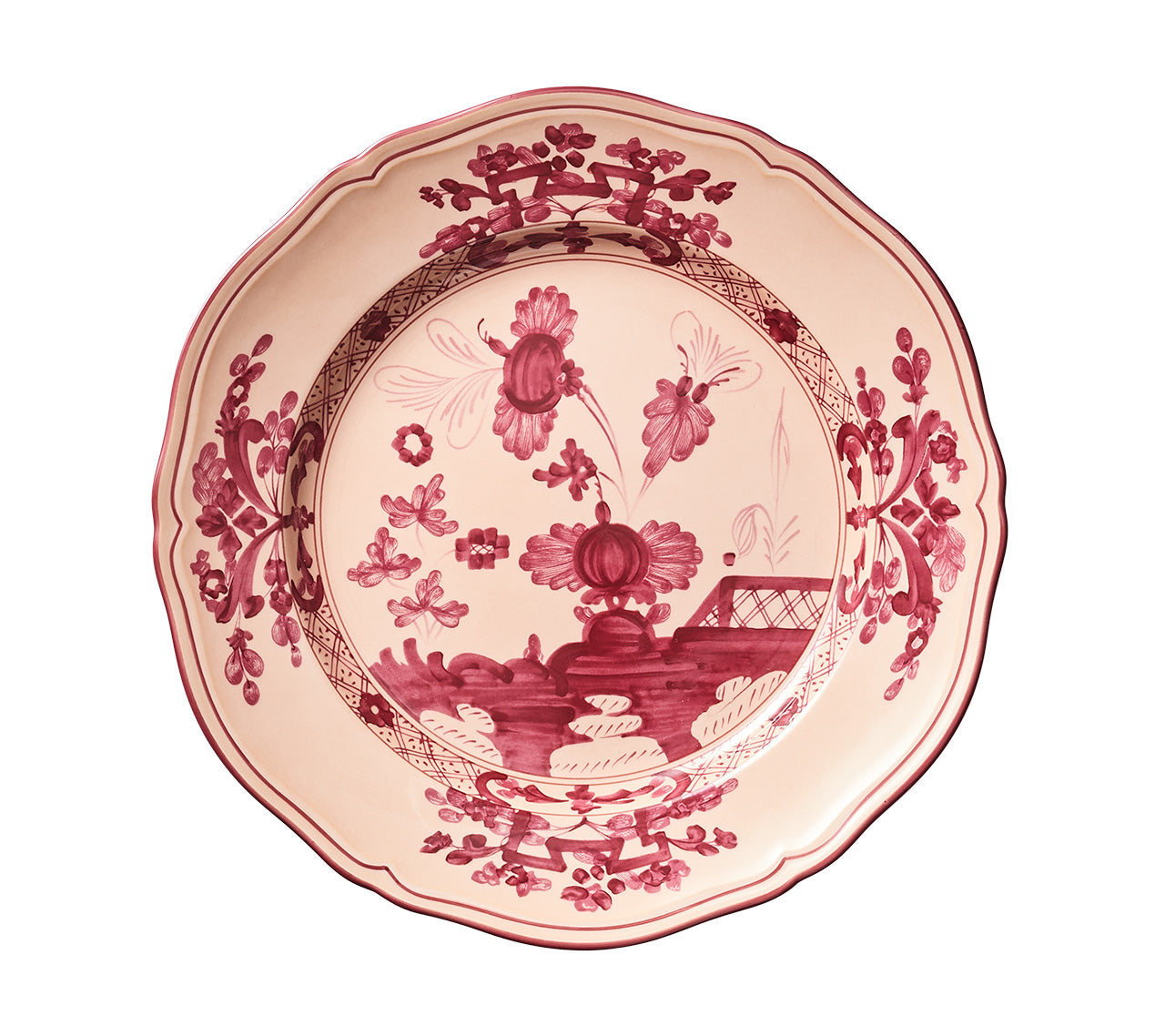Stylized carnation in red on a porcelain Oriente Italiano Dinner Plate, Vermiglio