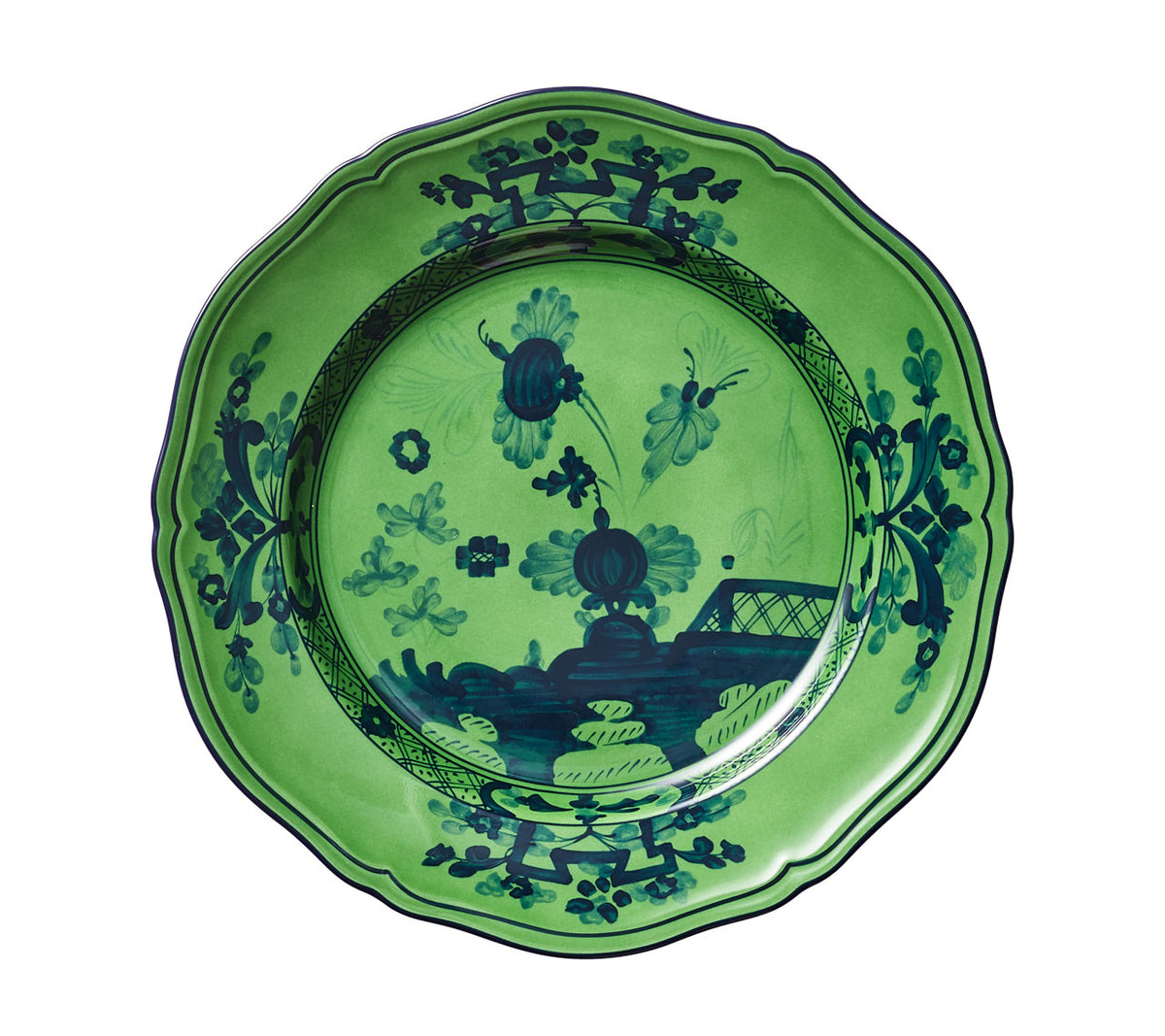 Green porcelain Oriente Italiano Dinner Plate, Malachite, with stylized carnations