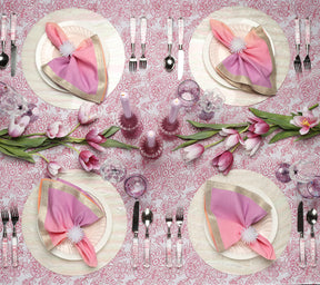 Overhead view of of a table setting with lavender decor & lavender Iris Tall Candle Holders