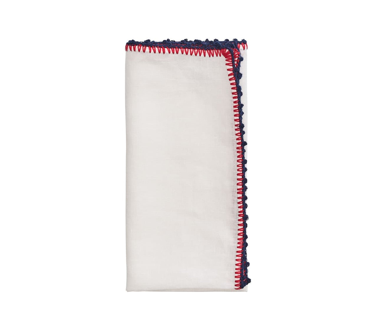 Kim Seybert Luxury Knotted Edge Napkin in white, navy & red, folded