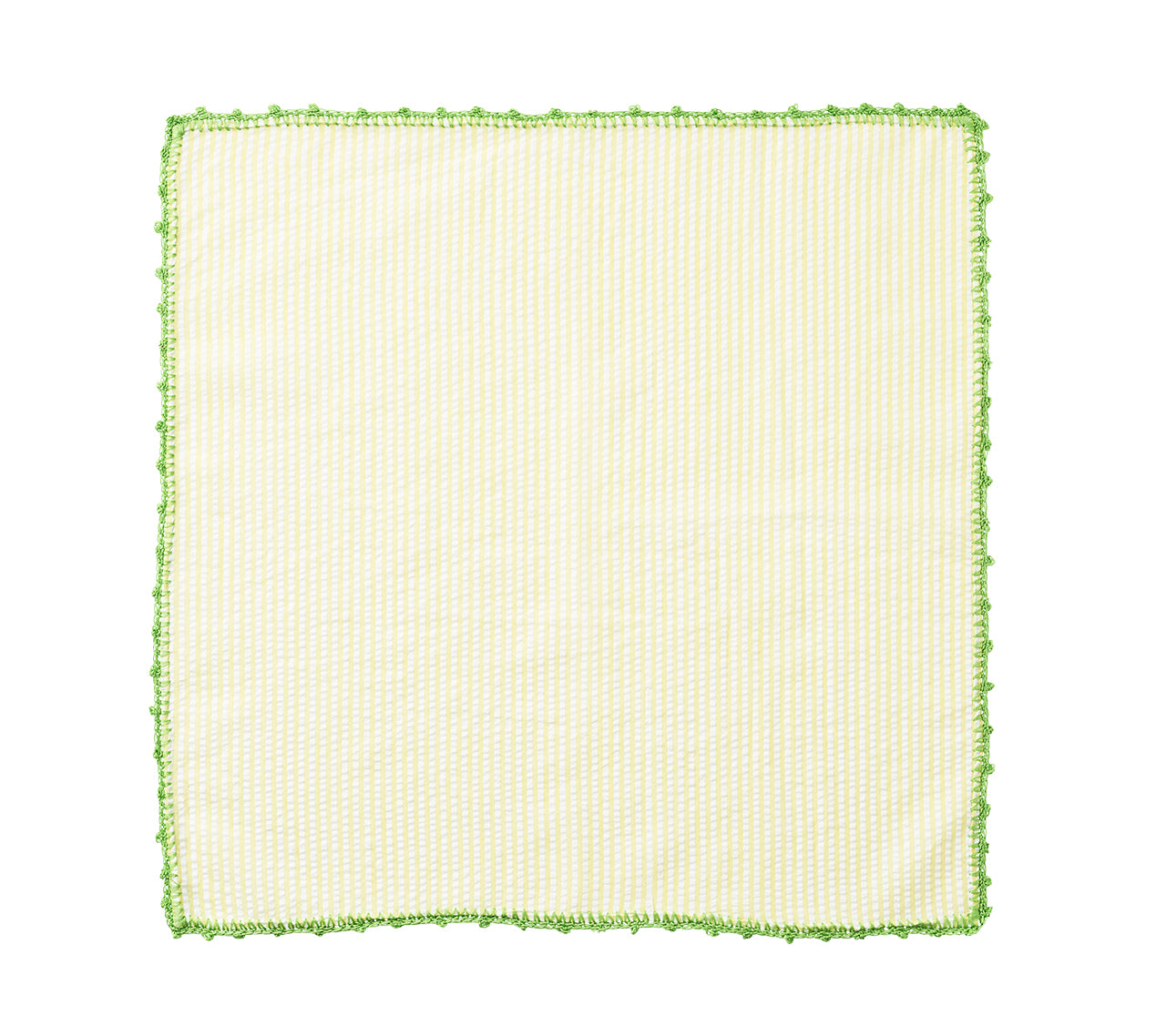 Yellow-striped Seersucker Napkin with a green border, unfolded