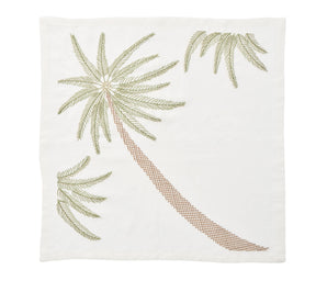 White Palm Coast Napkin with a green & gold palm frond, unfolded
