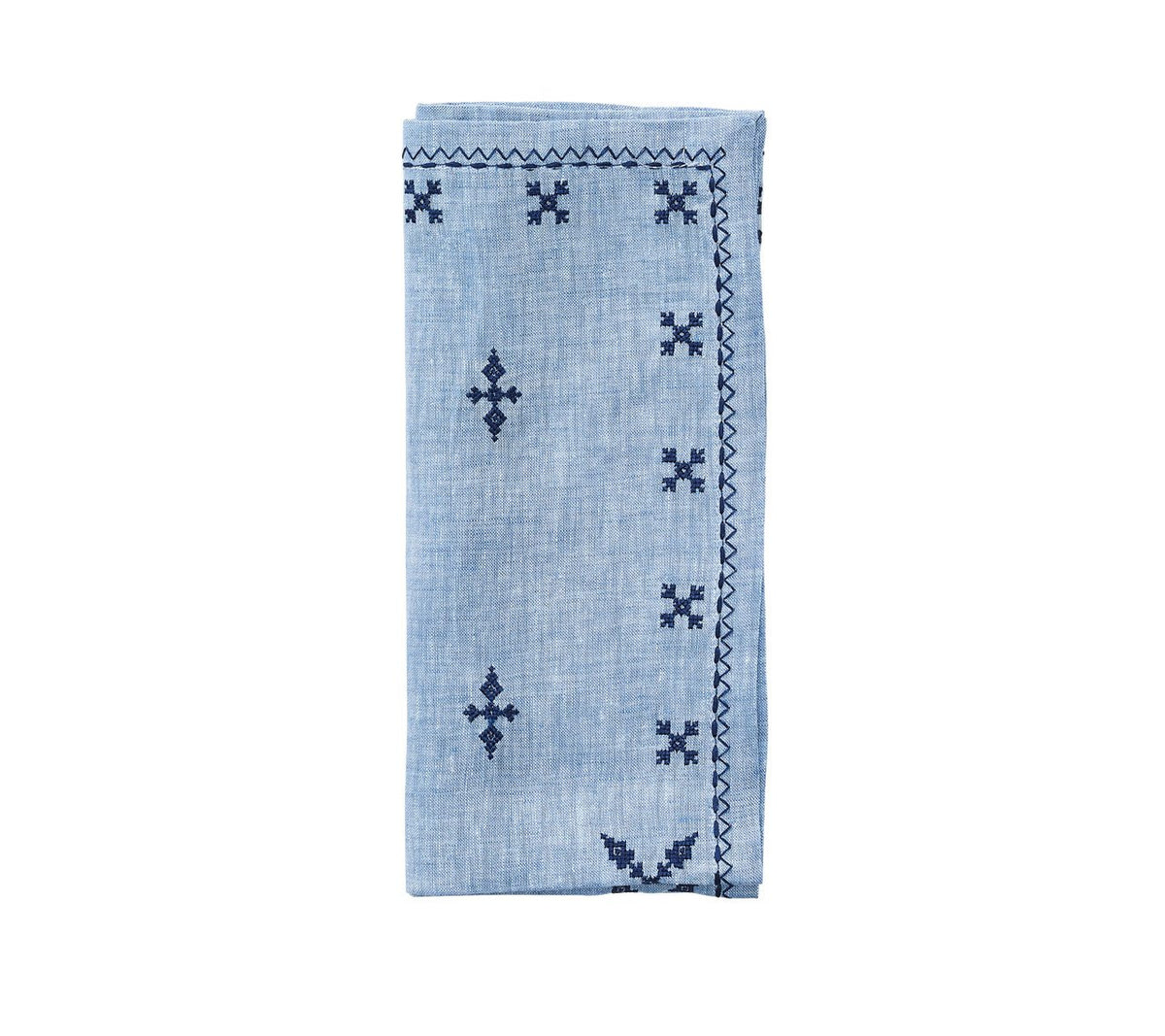 Periwinkle Fez Napkin with navy decals and border, folded
