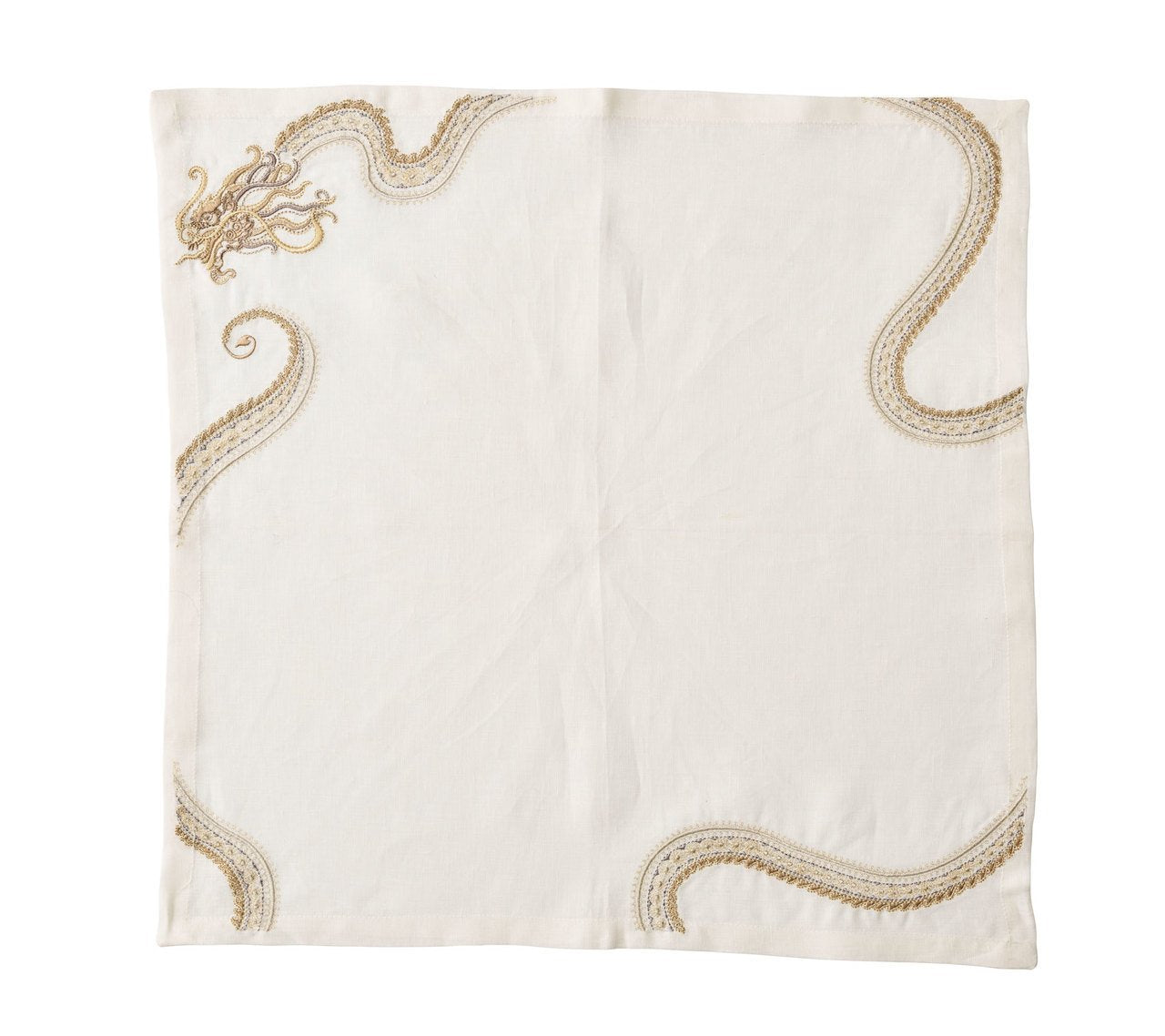 Kim Seybert Luxury Imperial Dragon Napkin in White, Gold & Silver
