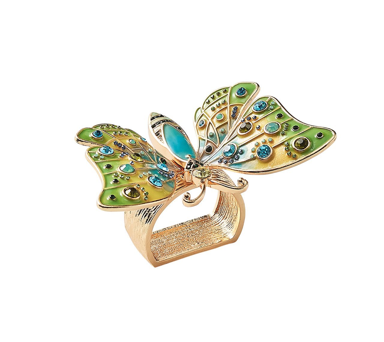 Arbor Napkin Ring featuring a hand-painted butterfly in blue and green on a golden ring