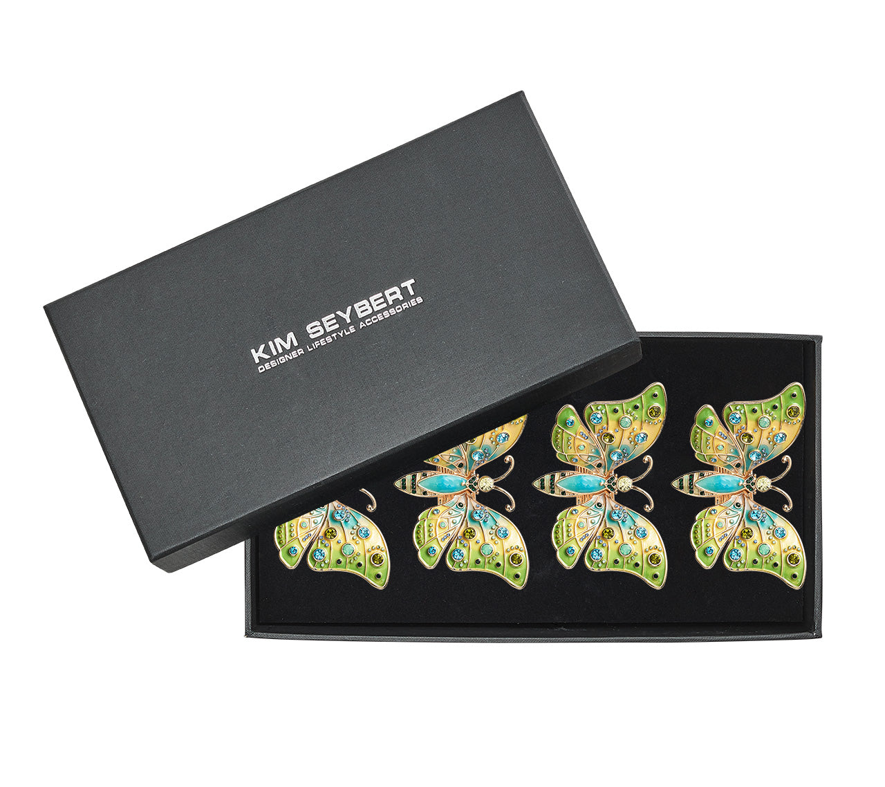 Set of four butterly Arbor Napkin Rings in blue & green in a gift box