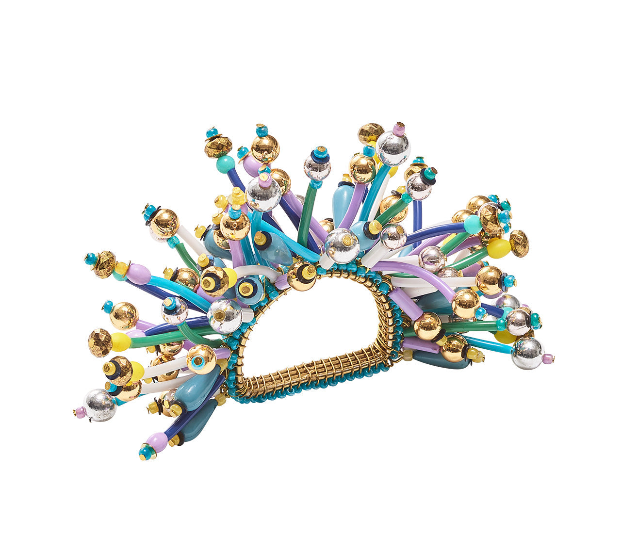 Fun Burst Napkin Ring with turquoise, lilac and white beads along with metallic gold and silver beads arranged as fringe