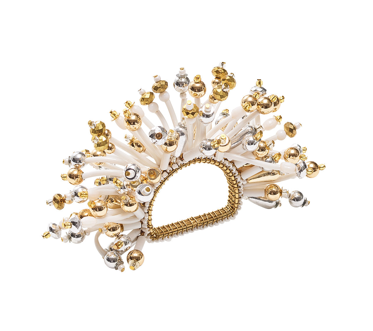Fun Burst Napkin Ring with silver and gold beads atop dyed silicone tubes with white, gold and silver beads bursting from the ring's base