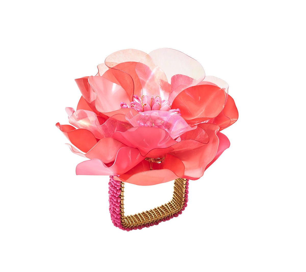 Gardenia Napkin Ring with a salmon-colored blossom sits on a beaded metal base