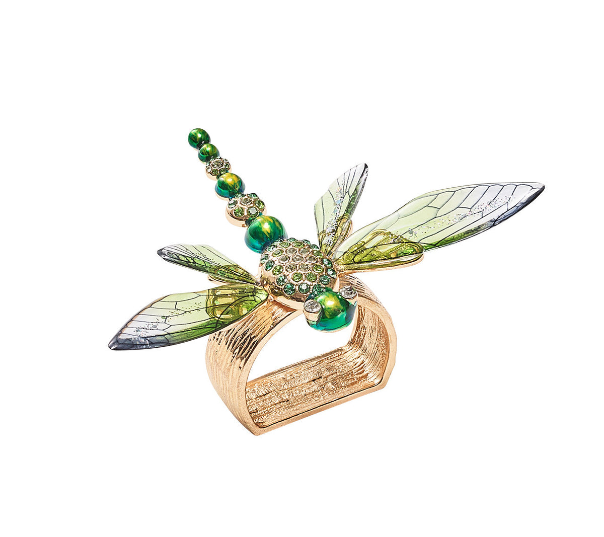 Dragonfly Napkin Ring with green acrylic wings and rhinestoned body