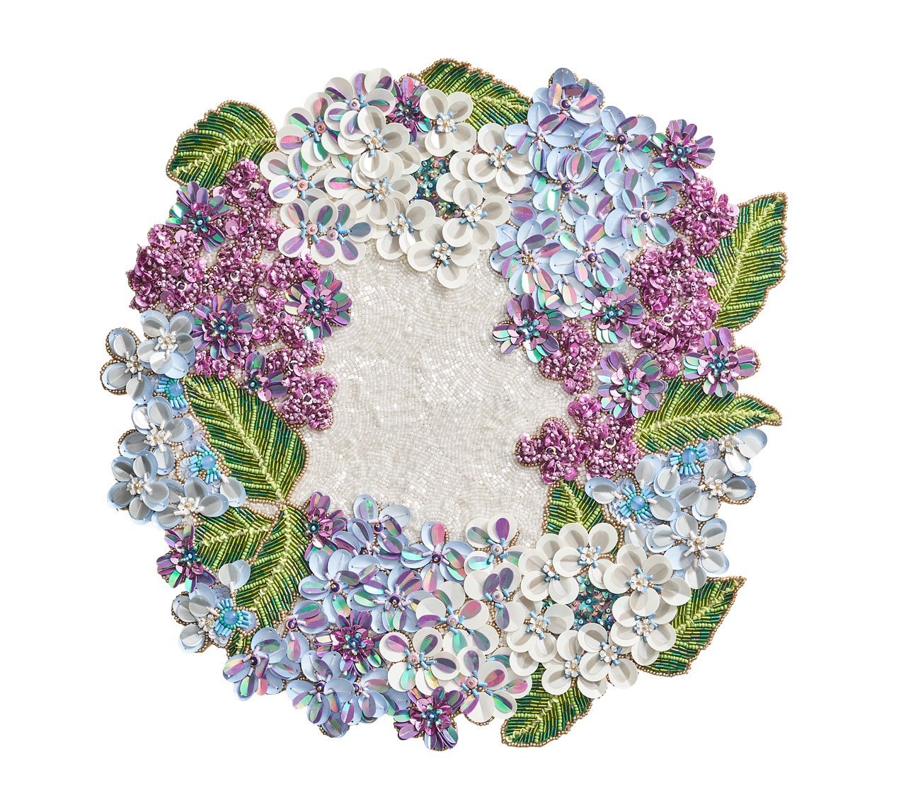 Hydrangea Placemat with beaded florals in purple, white, and blue