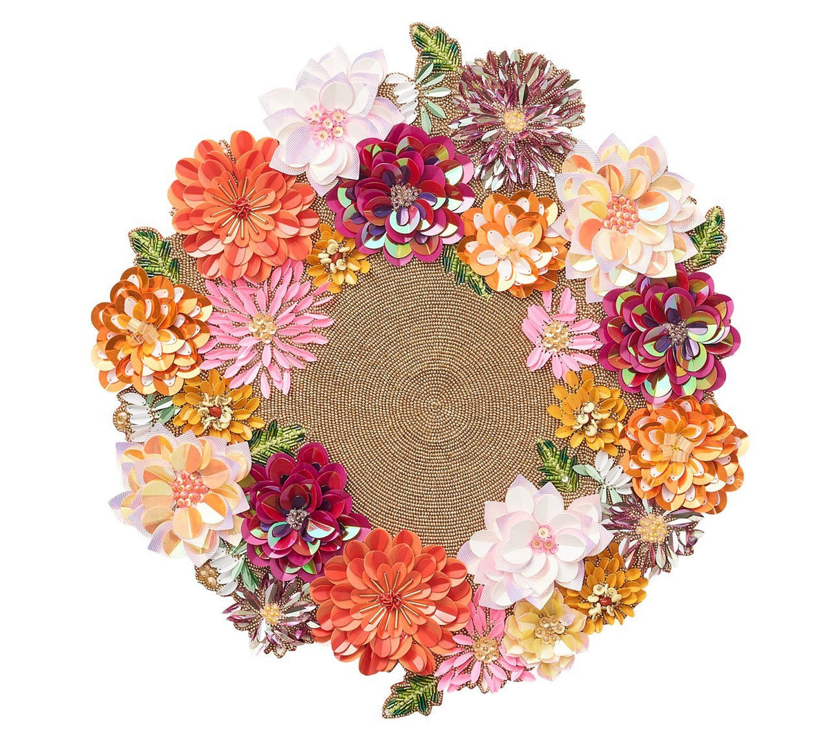 Dahlia Placemat featuring beaded florals in shades of pink and orange