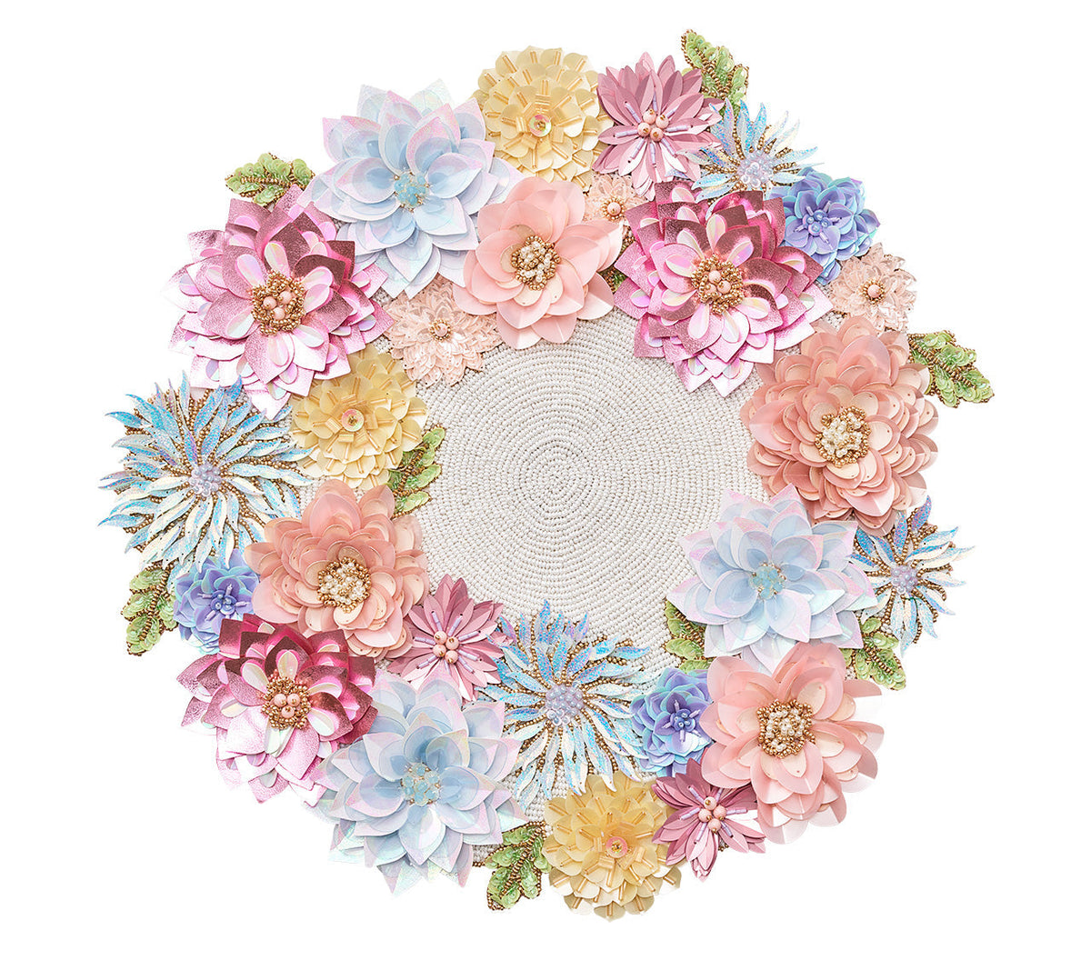 Round Dahlia Placemat with layered pink, blue and yellow florals accented with sequins and beads (97 characters)