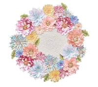 Round Dahlia Placemat with layered pink, blue and yellow florals accented with sequins and beads (97 characters)