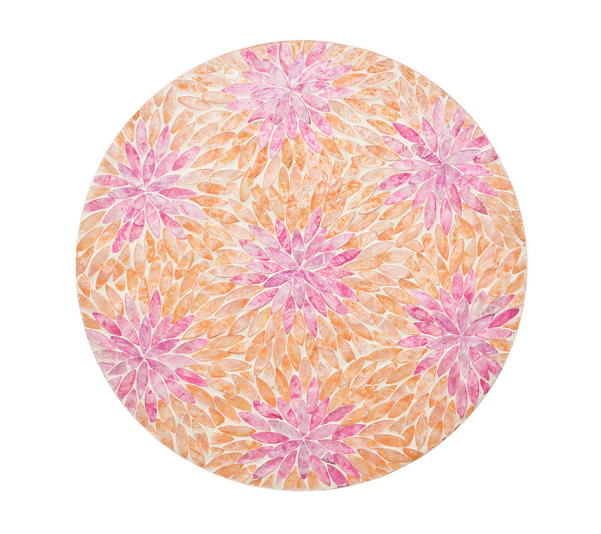 Round Flora Placemat with pink and orange Capiz shells arranged to resemble petals of a spring flower. 