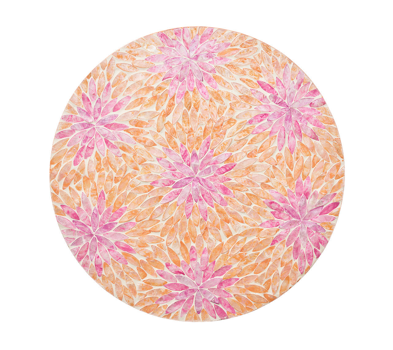 Round Flora Placemat with pink and orange Capiz shells arranged to resemble petals of a spring flower. 