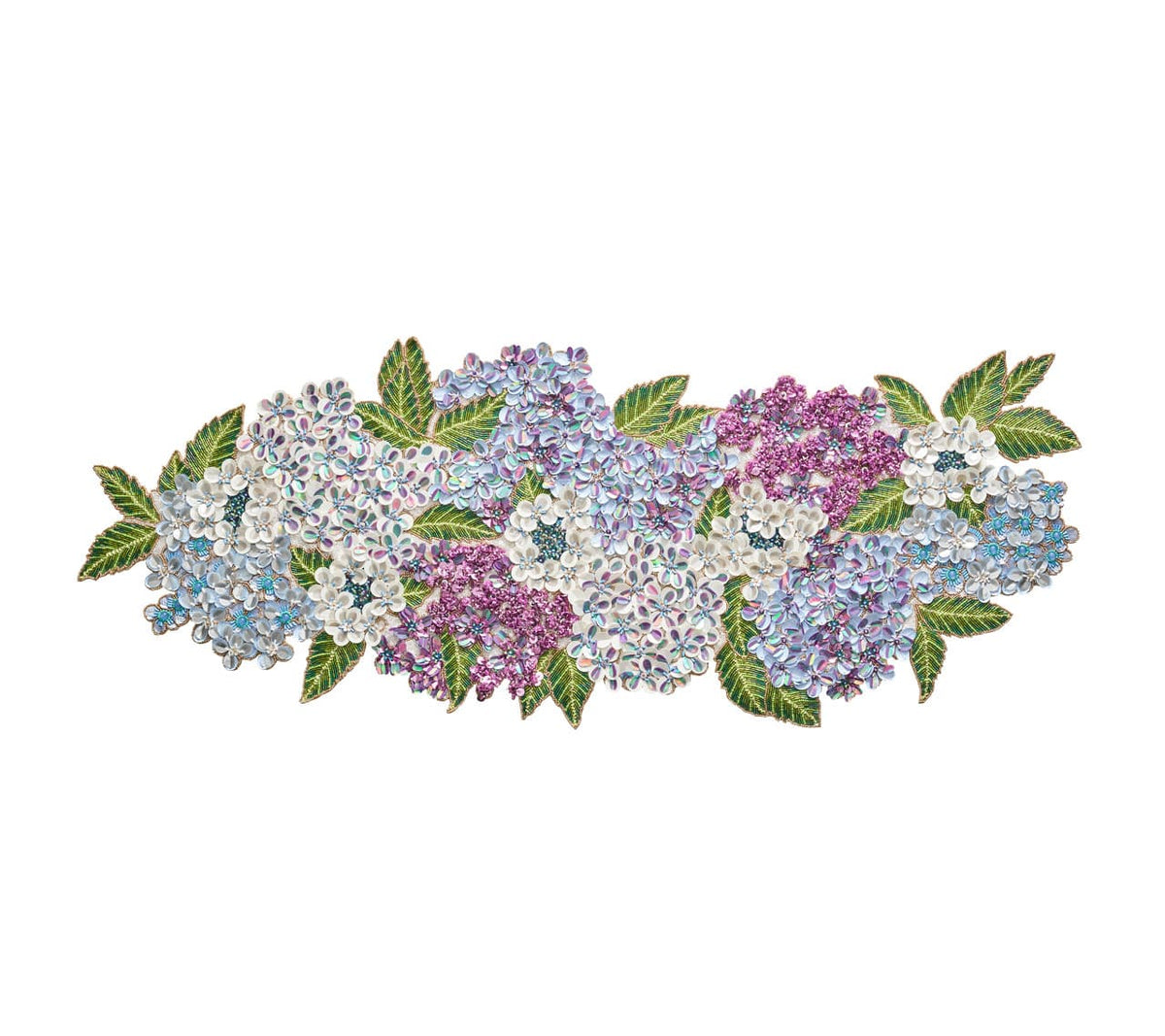 Kim Seybert Luxury Hydrangea Table Runner hues of blue, white and purple