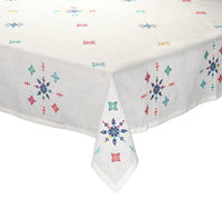 Fez Tablecloth in white with multi-colored Moroccan embroidered motifs
