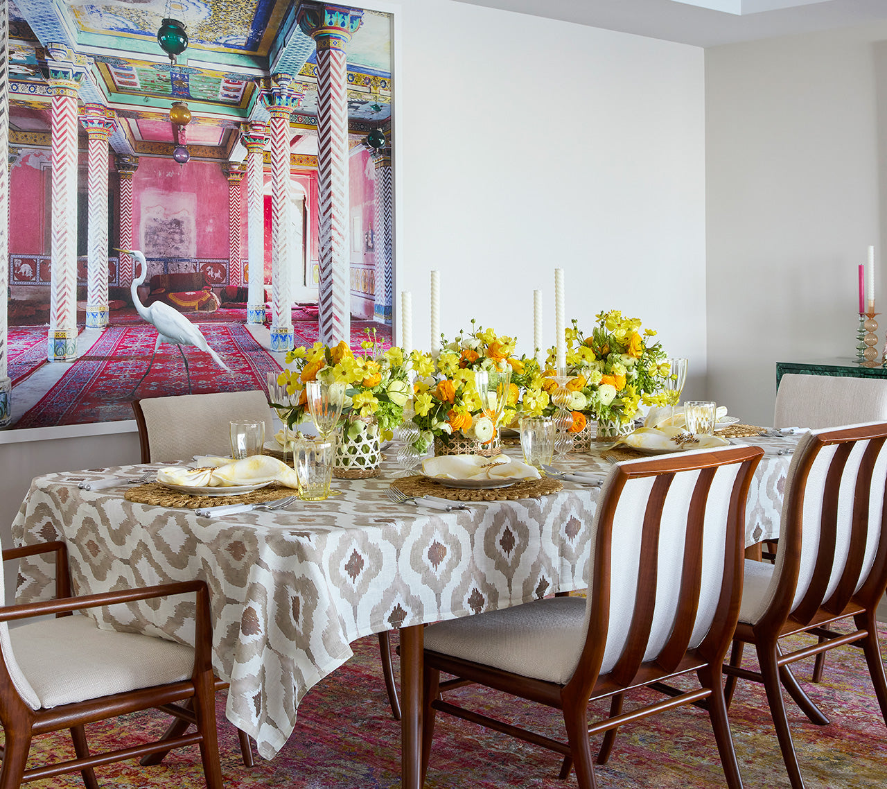 Watercolor Ikat Tablecloth in taupe with a pattern inspired by the Indonesian textile making process, Ikat