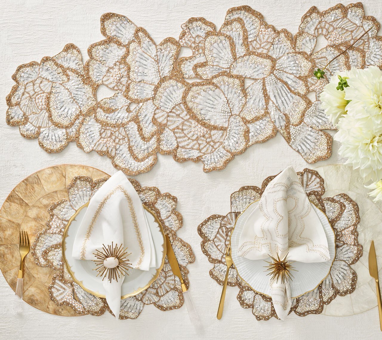Kim Seybert Luxury Botanica Table Runner in White, Gold, & Silver